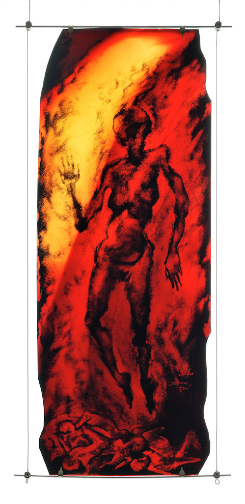 Glasmalerei mit Schwarzlot auf Echtantik-Glas; nach dem Gedicht "Todesfuge" von Paul Celan