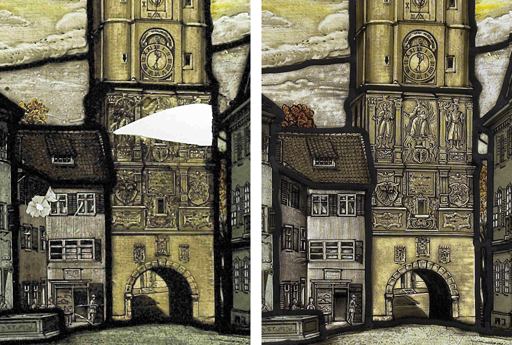 Frauentor, Glasmalerei auf Echt-Antikglas, vor und nach der Rekonstruktion
